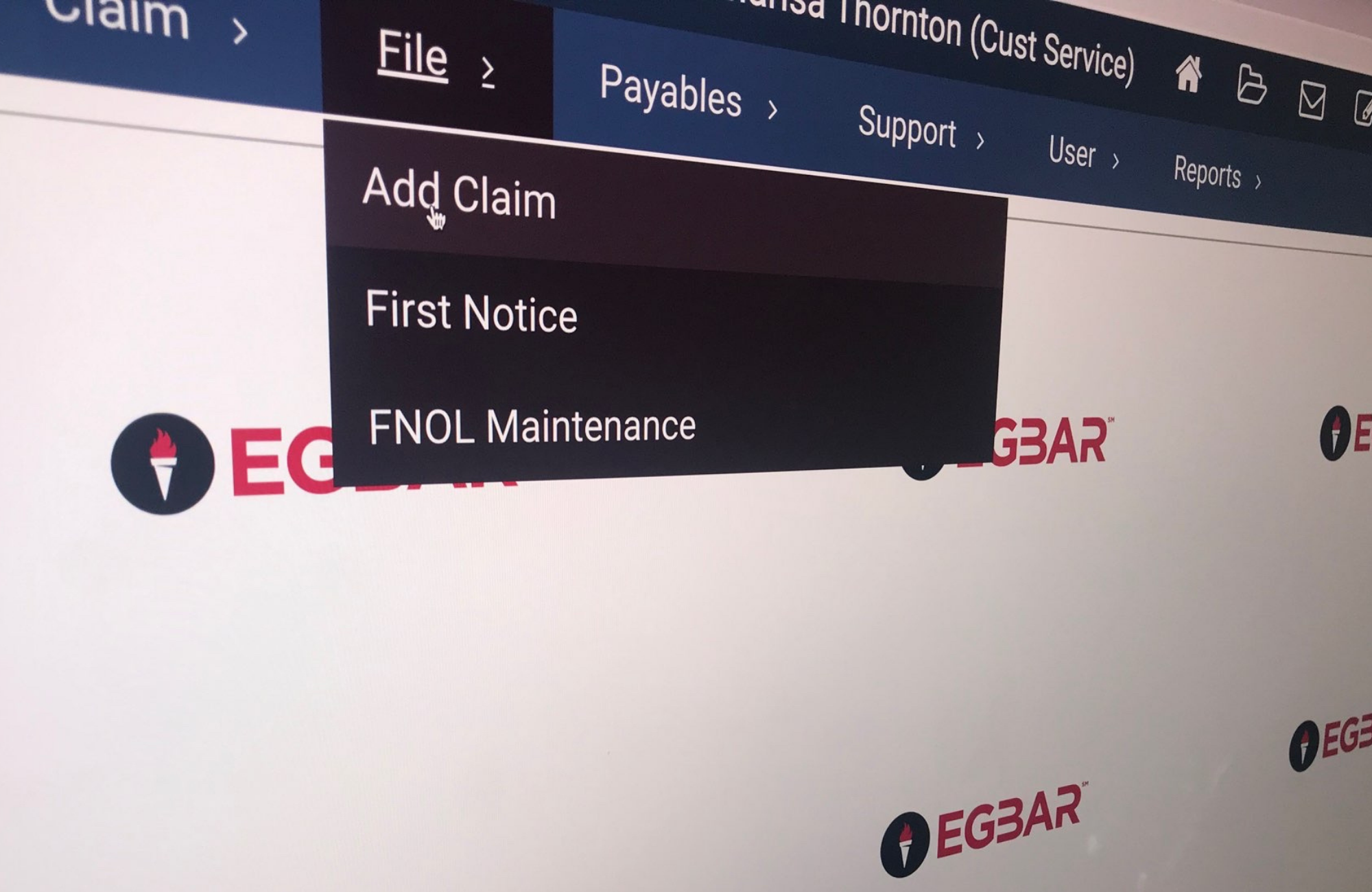 A-G Specialty Insurance EGBAR software screenshot to “Add Claim” screen.