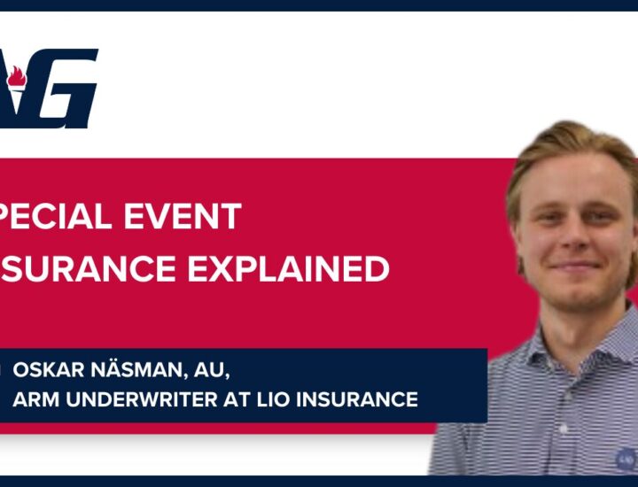 A title card with a headshot of Oskar Näsman, AU, ARM, Underwriter – Nonprofit/Social Services & Special Events